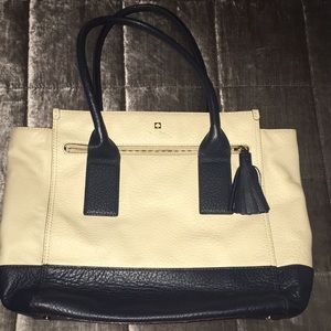 Navy Blue and beige leather shoulder tote